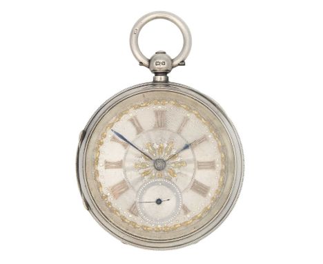 A silver cased key wind fusee lever open face pocket watch. The silvered engine turned dial with applied gilt Gothic Roman nu