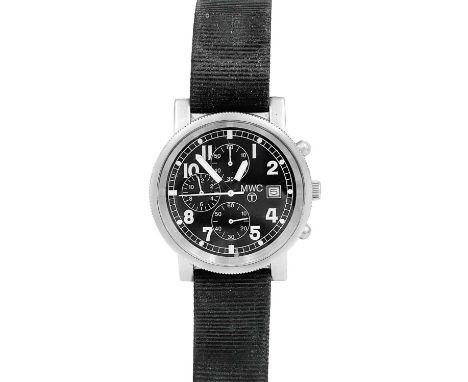 MWC - A military-style stainless steel gentleman's quartz chronograph wristwatch. The signed 30mm black dial with white Arabi