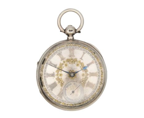 A silver cased key wind fusee lever open face pocket watch. The silvered engine turned dial with gilt applied Gothic Roman nu