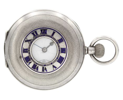 A silver half-hunter crown wind pocket watch. The white enamel dial with Roman numerals and subsidiary dial, unsigned movemen