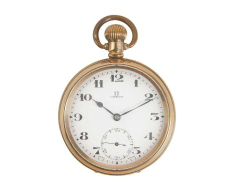 OMEGA - A gold-plated open face crown wind lever pocket watch. The 42mm signed white enamel dial with black Arabic numerals a