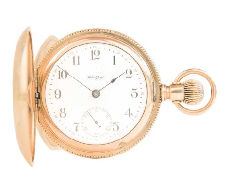 ROCKFORD - A large rose gold plated full hunter crown wind lever pocket watch. The 42mm signed dial with Black Arabic numeral