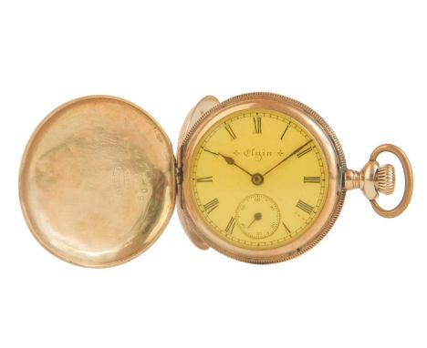 An Elgin 14ct full hunter crown wind fob pocket watch, within a gilt tooled leather travel case. The signed 26mm dial with Ro
