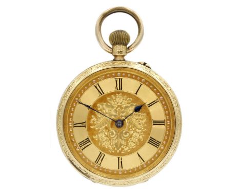 An 18ct cased lady's fob crown wind pocket watch. 30mm gilt engine turned and foliate engraved dial with black Roman numerals