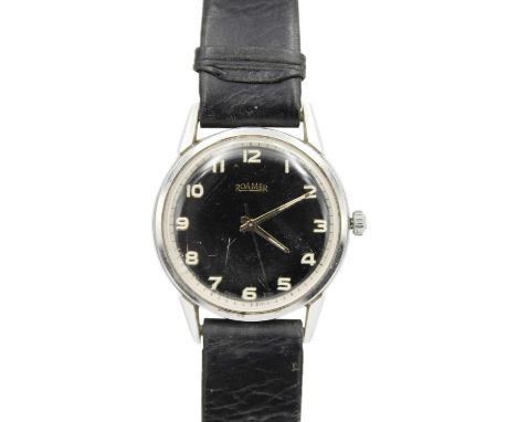 ROAMER - A stainless steel cased gentleman's manual wind dress wristwatch. The 28mm black dial with white Arabic numerals and