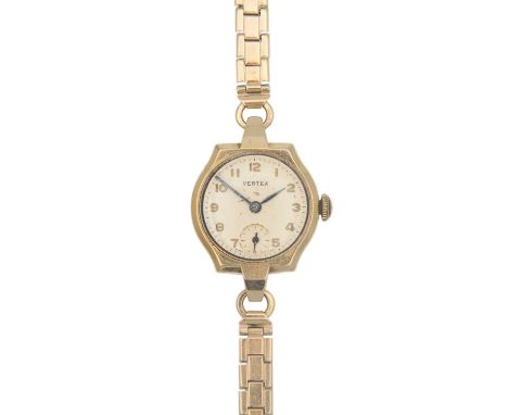 VERTEX - A 9ct lady's manual wind bracelet wristwatch. The signed 18mm silvered dial with gilt Arabic numerals and subsidiary