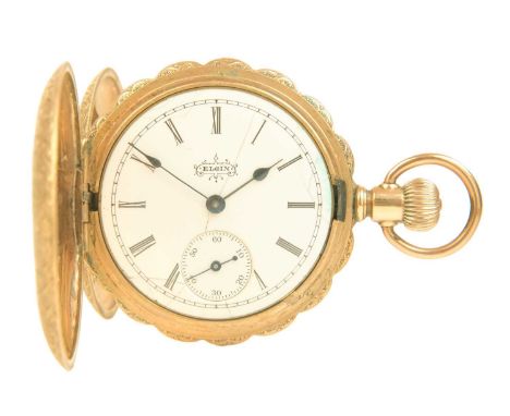 ELGIN - A rose gold plated crown wind full hunter lever pocket watch. The signed dial with Roman numerals and minutes track, 