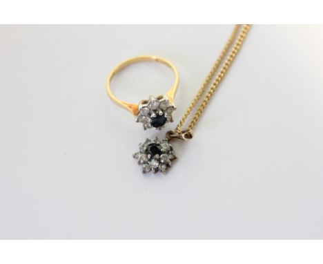 A sapphire cluster ring in 18ct gold, and a similar pendant in 9ct gold