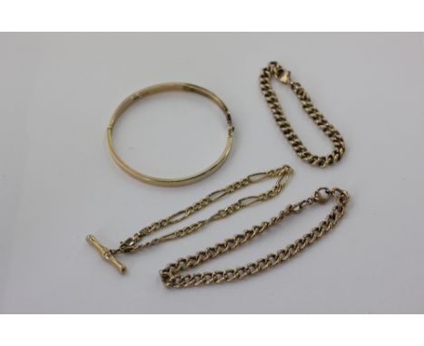 A 9ct gold curb link bracelet; and another; a 9ct gold bangle; and a fetter link watch chain 52.7g 