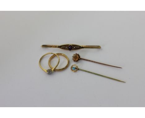 An illusion set diamond ring; a 22ct gold wedding ring 4.3g and two stick pins and a bar brooch