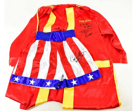 ROCKY; a signed pair of Carl Weathers (Apollo Creed) shorts and a signed Dolph Lundgren (Drago) robe (2).Condition Report: Li