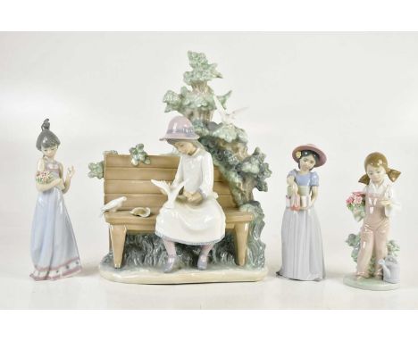 LLADRÓ; four figures comprising two young girls carrying flowers, a young girl carrying shoes, and a young lady sitting on a 