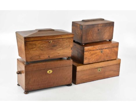 A collection of five 19th century boxes and tea caddies, to include a rosewood sarcophagus shaped tea caddy, length 31cm, (5)