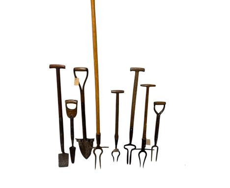 A group of vintage farming/garden tools including root vegetable lifter/picker, a woodsman's pumpkin spade, etc (8).