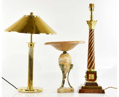 A decorative brass mounted and mahogany Corinthian column table lamp, height 68cm, a modern brass table lamp with conical sha