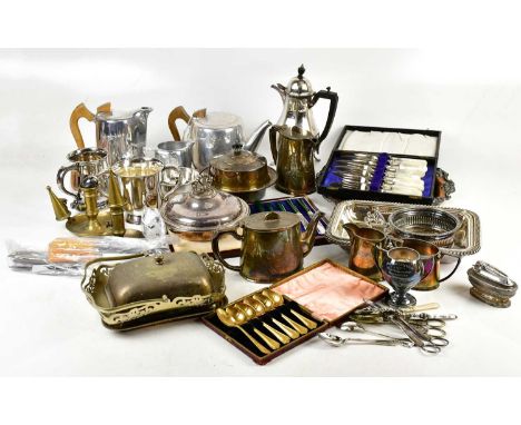 A collection of 19th century and later silver plate, including salver, flatware, bread basket, etc.