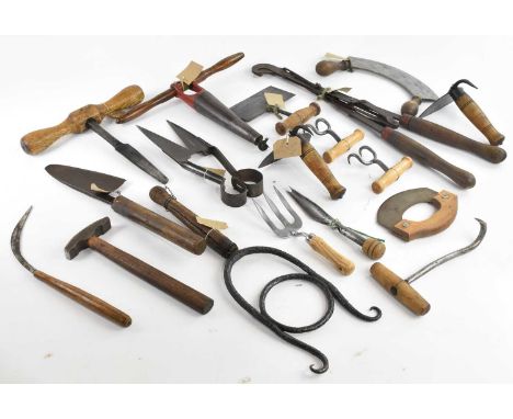 A collection of vintage farming/gardening tools including pig scrapers, barrel hole borer, two handled pruners, large herb kn