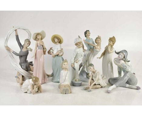 NAO; a collection of ten figures including dancers, ballerinas, harlequin, height of largest 34cm (10).   Condition Report: C