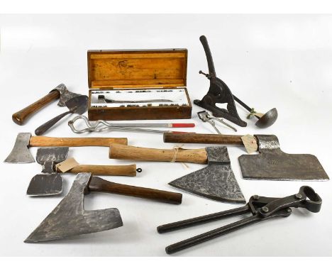 A collection of vintage axes including a brick cleaver two bit example, cooper's axe, the blade stamped William Greave, and v