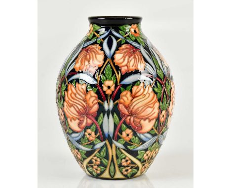 RACHEL BISHOP FOR MOORCROFT; a limited edition vase in the 'Shepherd's Clock' pattern, numbered 56/75, height 20cm.Condition 