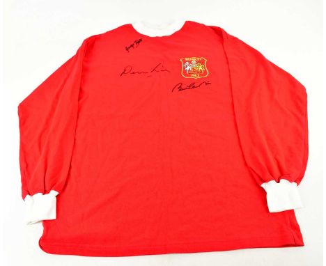 MANCHESTER UNITED; a 1963 retro style football shirt, signed to front by Best, Law and Charlton, size L.Condition Report: Lig