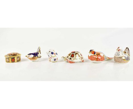 ROYAL CROWN DERBY; five animal form paperweights including pheasant, tortoise etc, also a Royal Crown Derby trinket box and c