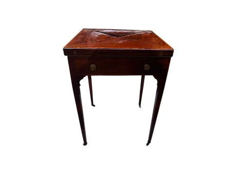 An Edwardian inlaid mahogany envelope card table with single drawer, on spade feet, height 76cm.