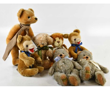 MERRYTHOUGHT; a collection of seven teddy bears including Harrods example, largest 42cm (7).