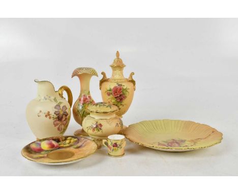 ROYAL WORCESTER; a collection of blush ivory ceramics including a vase with reticulated rim, height 15cm, twin handled pedest