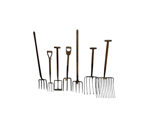 A collection of vintage garden forks and tools, including two large hay forks, a child's digging fork, etc (7).