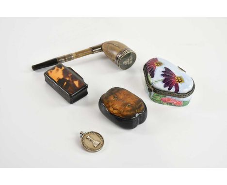 Two Victorian snuff boxes including a papier-mâché example decorated with a dog's face, width 5cm, a hallmarked silver medal 