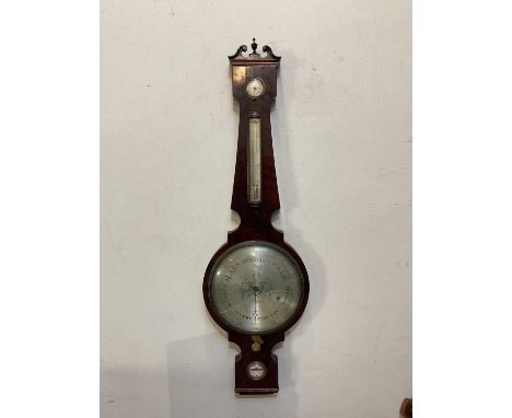 LOMBARDINI, HUDDERSFIELD; a large 19th century mahogany wheel barometer with silvered dial, height 120cm (glass af).