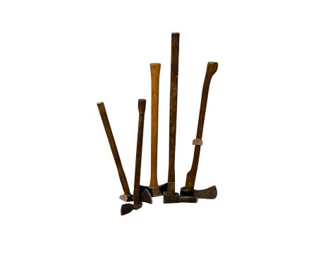 Five vintage axes including an example with French talabot, largest approx 105cm.