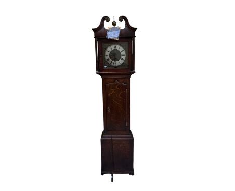 A late 18th century and later longcase clock, the dial set with Roman numerals, with later face and movement, within an oak a