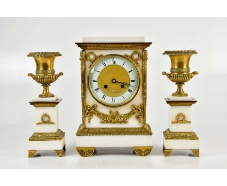 A late 19th century French white marble and gilt metal clock garniture, the rectangular clock set with enamel dial bearing Ro