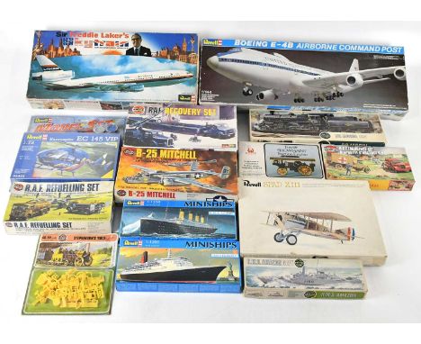 A collection of fourteen model kits comprising Revell, Sir Frederick Laker's Sky Train, Spad XIII, Boeing E4B Airborne Comman