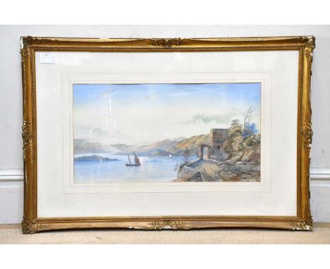 ENGLISH SCHOOL, LATE 19TH CENTURY; watercolour, Continental river landscape with boat and castle gate, initialled ‘EE’, 38 x 
