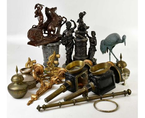 An assortment of predominantly metalware including a pair of gilt metal wall sconces, a bronzed spelter finial from a clock g