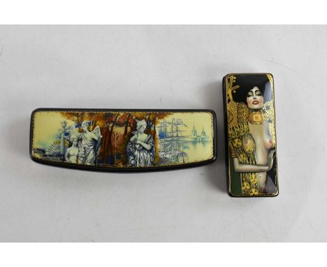 Two modern Russian lacquered boxes including a smaller rectangular example depicting an image of Gustav Klimt Judith I, signe