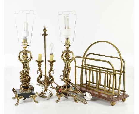 A pair of decorative gilt metal figural table lamps on black marble plinth bases, height including fitting 39cm, a brass two 
