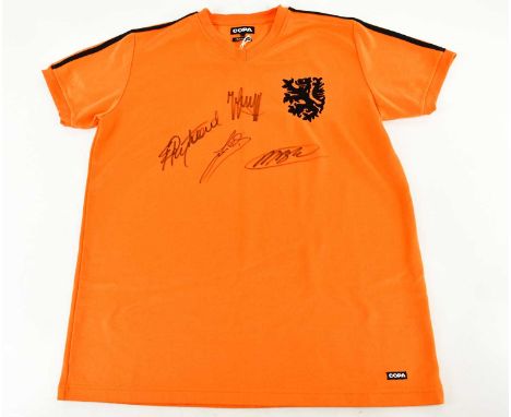 NETHERLANDS; a signed retro style football shirt, signed to front by Cruyff, Rijkaard, van Basten and Gullit, size XL.Conditi