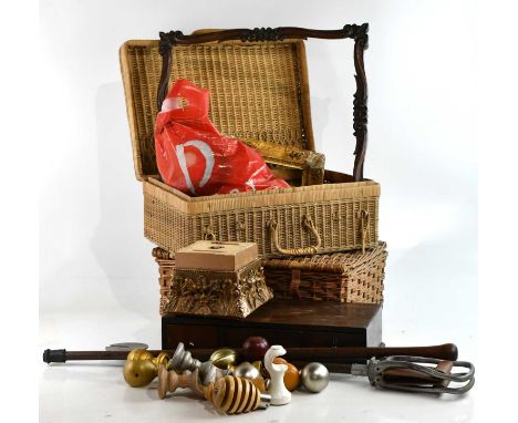 An assortment of collectors' items including two vintage wicker baskets, a base section from a swing toilet mirror, various a