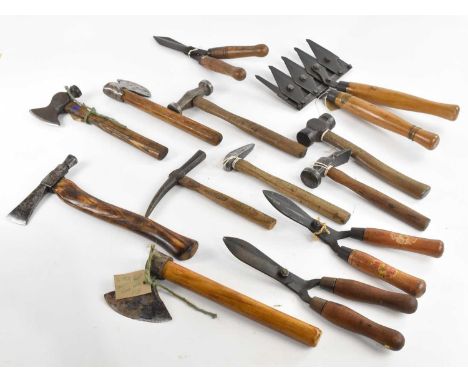 A collection of vintage axes including Indian rice field example, roofers example, also vintage farming/gardening tools inclu