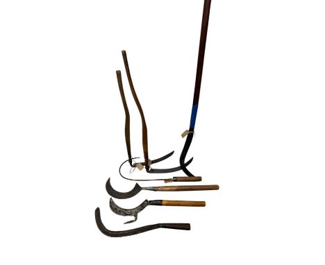 A collection of vintage tools, including a French mistletoe knife with impressed marks 'Laborgne' to blade, scythes, etc (7).