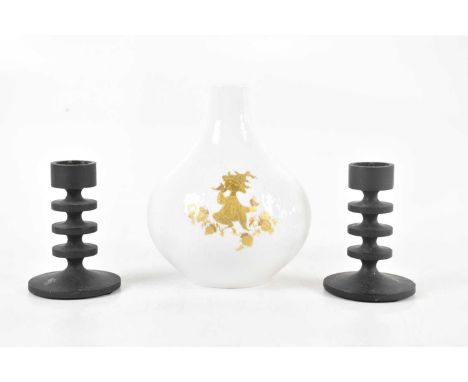 ROBERT WELCH; a pair of cast iron 'Hobart' three ring candlesticks, height 10cm, and a Rosenthal Studio-Line vase, with gilde