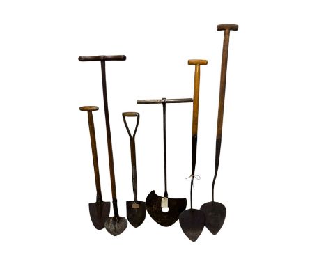 A collection of vintage garden/farming tools including turfing spades, an unusual hay knife, etc (6).