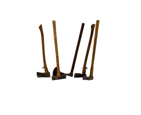 Five vintage axes including a double sided example, the blade stamped 'Collins', height 96cm.