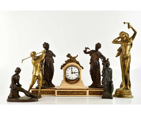 A reproduction bronze and marble effect breakfront mantel clock, mounted with classical maidens surrounding the dial set with