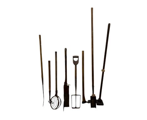 A collection of vintage garden/farming tool including a side scythe, a pond spade for duck weed, etc.