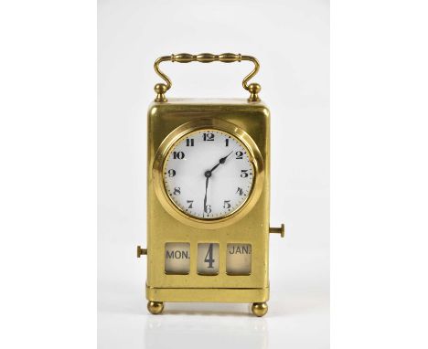 A late 19th century brass cased carriage clock, the enamel dial set with Roman numerals above calendar, height 12cm.